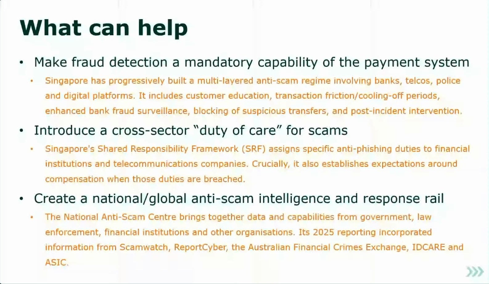 Justus Ortlepp's GASA panel slide listing three measures that can help against scams