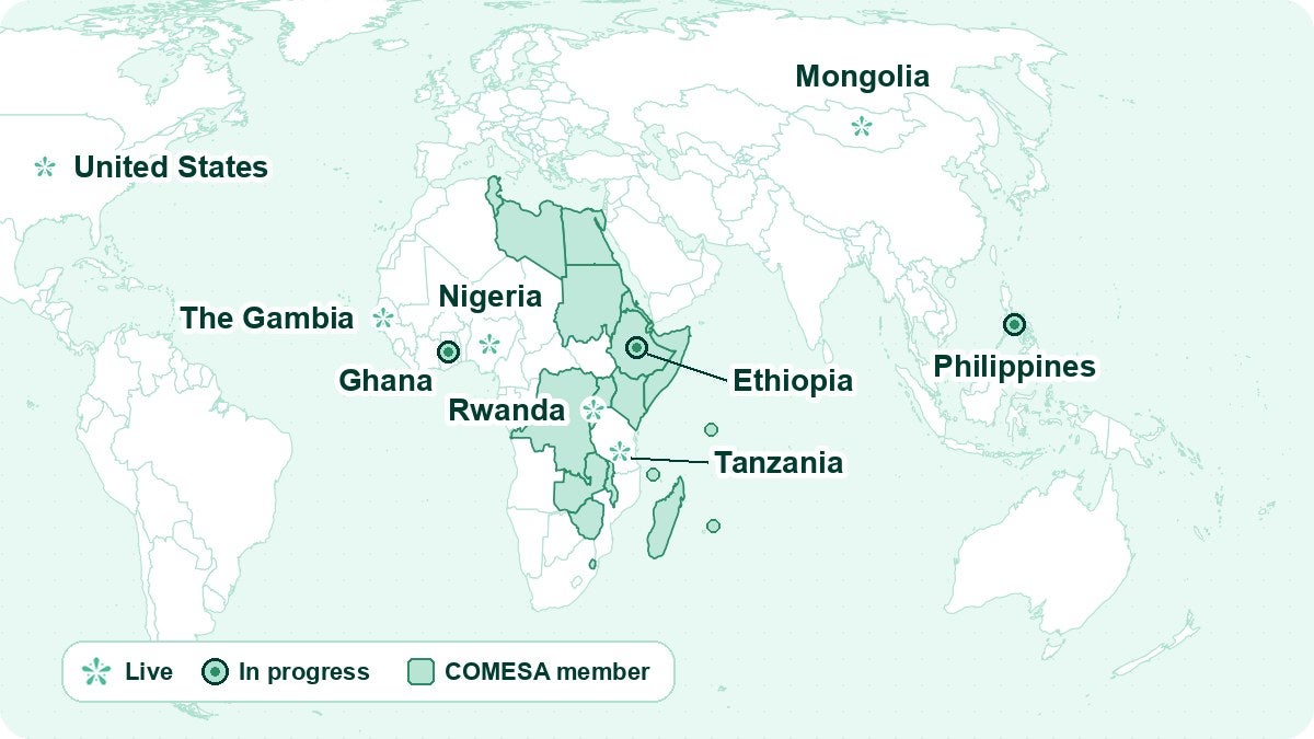 Map of where Tazama is live or in progress: live in the United States, The Gambia, Nigeria, Rwanda, Tanzania and Mongolia; in progress in Ghana, Ethiopia and the Philippines; the 21 COMESA member states shaded as a region