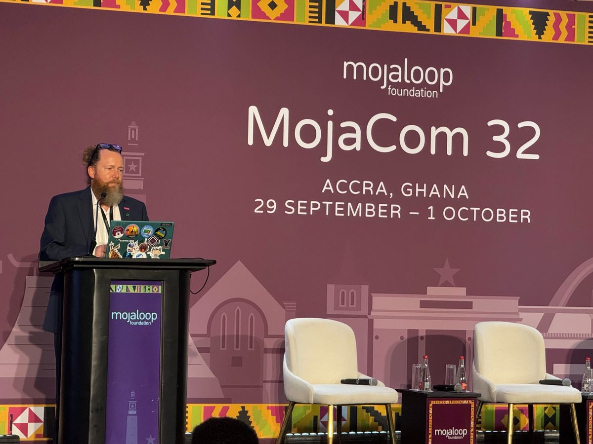 Justus Ortlepp presenting Tazama 4.0.0 at MojaCom 32 in Accra, Ghana